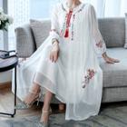Flower Embroidered 3/4-sleeve Open Front Long Light Jacket