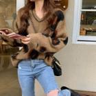 Leopard V-neck Loose-fit Sweater As Shown In Figure - One Size