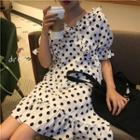 Dotted Frill Trim Elbow Sleeve Dress