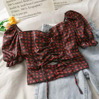 Boatneck Heart-print Cutout Crop Top Black - One Size