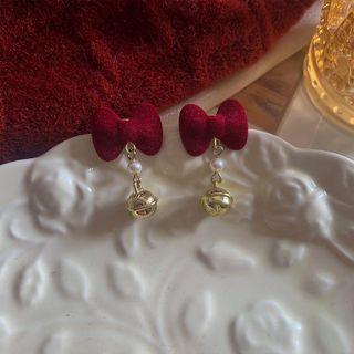 Flocking Bow Faux Pearl Bell Dangle Earring