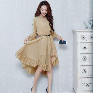 3/4-sleeve Ruffle Chiffon A-line Dress