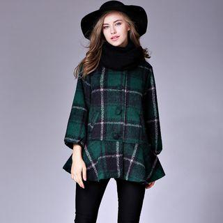Ruffle Hem Plaid Woolen Button Jacket