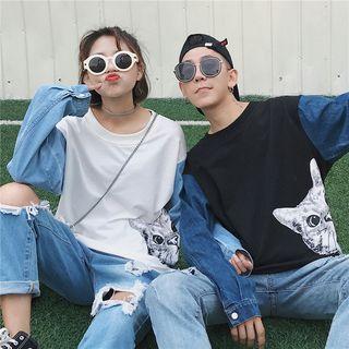 Cat Print Denim Panel Pullover