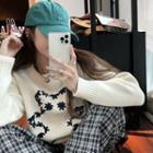 Bear Embroidered Long-sleeve Knit Sweater