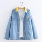 Embroidered Buttoned Denim Jacket Blue - One Size