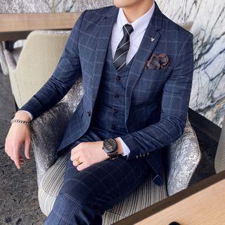 Set: Plaid Button-up Vest + Blazer + Straight Leg Pants
