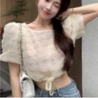 Puff-sleeve Lace Drawstring Cropped Top