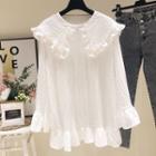 Long-sleeve Frill Trim Wide Collar Top White - One Size