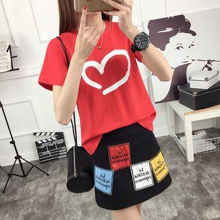 Set: Short-sleeve Printed T-shirt + A-line Skirt