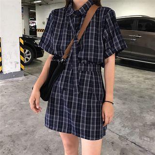 Plaid Short-sleeve Blouse / Plaid A-line Skirt