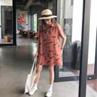 Feather Print Short Sleeve Collared Dress