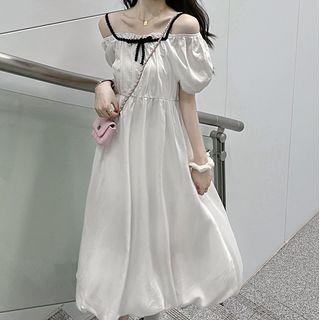 Short-sleeve Off Shoulder A-line Midi Dress White - One Size