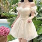 Short-sleeve Square-neck Embroidered Floral Mesh Dress