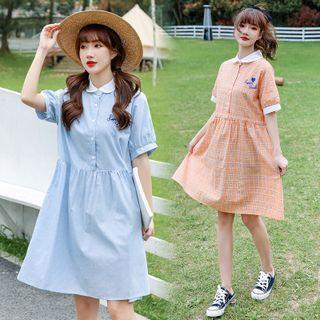 Short-sleeve Collar Lettering A-line Dress