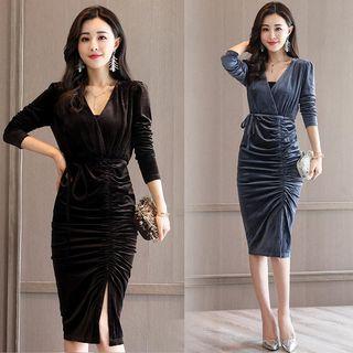 3/4 Sleeve Velvet Wrapped Sheath Dress