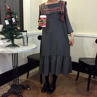 Embroidered Ruffle Hem 3/4 Sleeve Dress