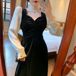 Two-tone Panel Velvet Midi A-line Dress