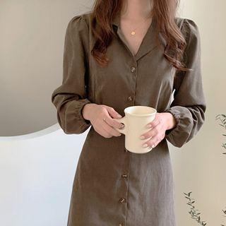 Puff-sleeve Tie-waist Long Shirtdress Cocoa - One Size