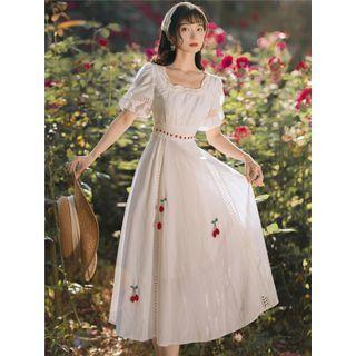 Puff-sleeve Fruit Applique A-line Midi Dress