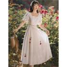 Puff-sleeve Fruit Applique A-line Midi Dress