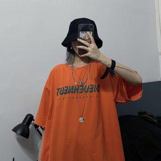 Elbow-sleeve Letter T-shirt 6595 - Tangerine - One Size