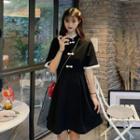 Color-block Lace Bow-accent Qipao Dress Black - One Size