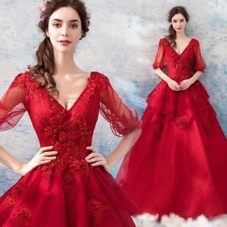 Flower Detail Elbow-sleeve A-line Evening Gown
