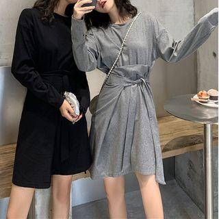 Set: Plain Long-sleeve T-shirt + Side Tie A-line Skirt