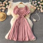 Plain Square-neck Ruched Short-sleeve Dress