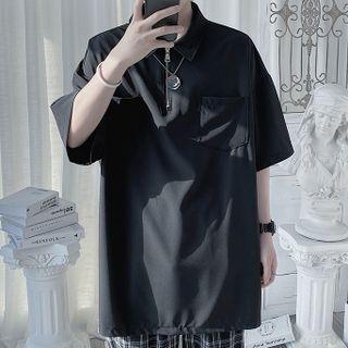 Elbow-sleeve Collared Chain Strap Blouse