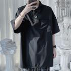 Elbow-sleeve Collared Chain Strap Blouse