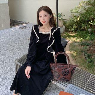 Long-sleeve Square-neck Corduroy Ruffled Dress