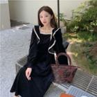 Long-sleeve Square-neck Corduroy Ruffled Dress