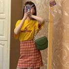 Set: Printed Short-sleeve T-shirt + Plaid Mini Pencil Skirt