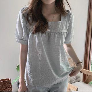 Gingham Short-sleeve Square-neck Blouse