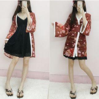 Set: Sleeveless Crochet-trim Dress + Floral Light Jacket
