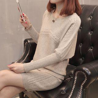 Set: Cable-knit Long-sleeve Top + Mini Pencil Skirt