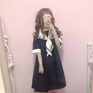 Sailor Collared Elbow-sleeve A-line Dress