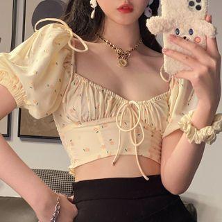 Puff-sleeve Flower Print Crop Top
