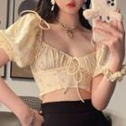Puff-sleeve Flower Print Crop Top