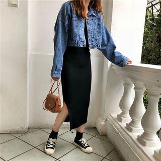 Crop Denim Jacket / Spaghetti Strap Midi Knit Dress