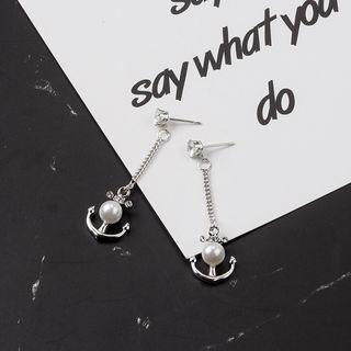 Faux Pearl Alloy Anchor Dangle Earring 1 Pair - Silver - One Size
