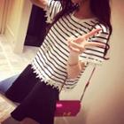 Short Sleeve Striped Lace-hem T-shirt