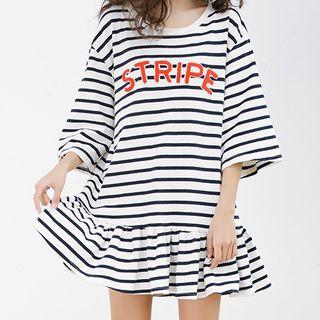 Striped 3/4-sleeve Ruffle Hem T-shirt Dress
