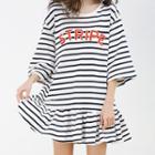 Striped 3/4-sleeve Ruffle Hem T-shirt Dress