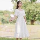 Square-neck Drawstring-waist Midi A-line Dress