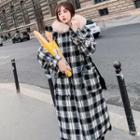 Furry Hood Plaid Midi Padded Coat