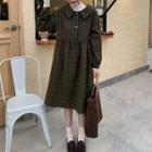 Long-sleeve Plaid Midi A-line Dress Dark Green - One Size