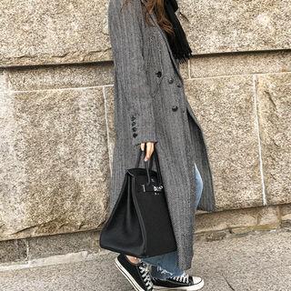 Peaked-lapel Double-breasted Herringbone Long Coat